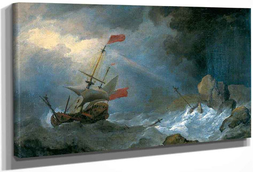 Man O' War In Distress Off Rocky Coast By Willem Van De Velde The Younger