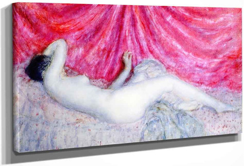 Nude Against A Pink Curtain By Frederick Carl Frieseke By Frederick Carl Frieseke