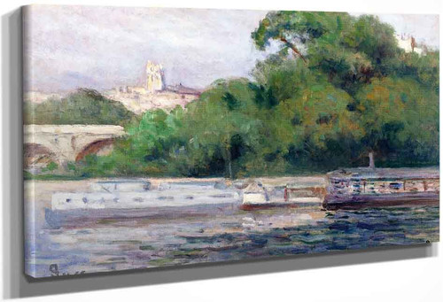 Peniches Amarees Devant Bouquet D'arbres Et Pont By Maximilien Luce By Maximilien Luce