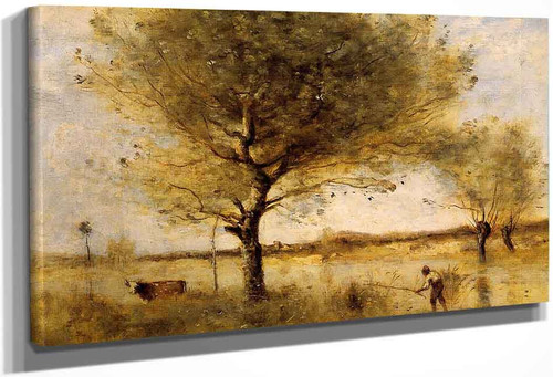 Pond With A Large Tree By Jean Baptiste Camille Corot