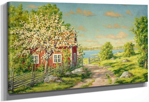 Red Cottage With Fruit Trees And Pecking Hens By Johan Krouthen