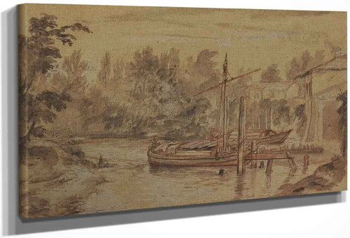 River Scene With Barges By Charles Joseph Natoire By Charles Joseph Natoire