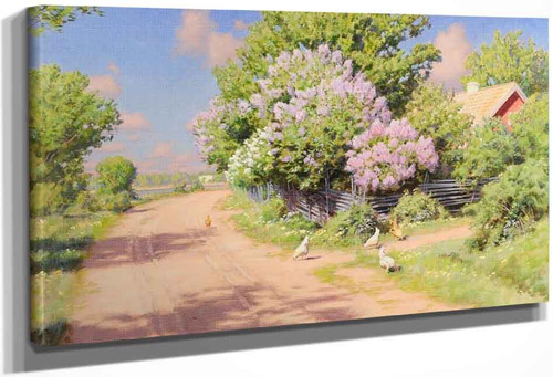 Road With Pecking Hens And Lilacs By Johan Krouthen