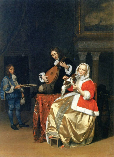 A Man Playing The Lute, A Woman With A Dog, And A Page By Gabriel Metsu