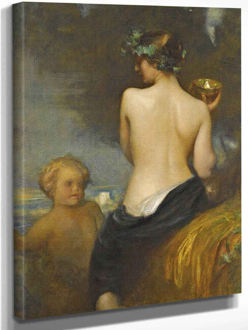 A Nude Bacchante With A Child Faun By Arthur Hacker  By Arthur Hacker