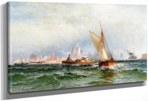 Steamships And Sailing Boats In New York Harbor By Edward Moran