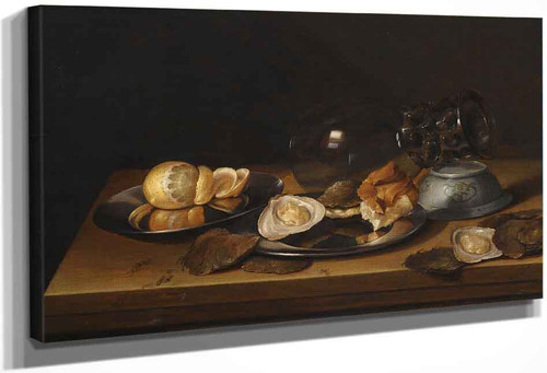 Still Life With A Roemer On Its Side, Two Pewter Plates, An Oyster And A Bread Roll By Jan Davidszoon De Heem By Jan Davidszoon De Heem