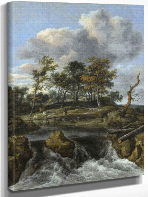 A River Landscape With A Man Crossing A Bridge Above A Waterfall By Jacob Van Ruisdael