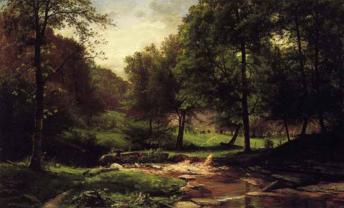 Stream With Field And Grazing Cattle By George Hetzel