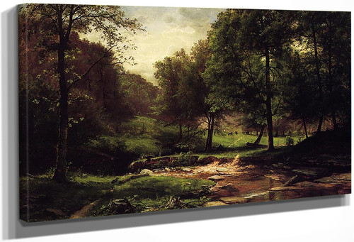 Stream With Field And Grazing Cattle By George Hetzel