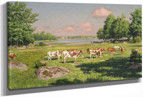 Summer Landscape With Grazing Cattle By Johan Krouthen
