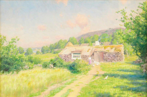 Sunlit Summer Landscape With Girl And Chickens By Johan Krouthen