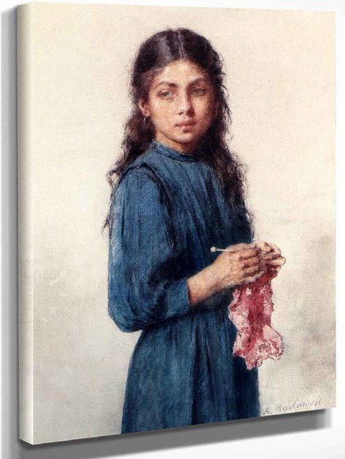 A Young Girl Knitting By Alexei Harlamoff