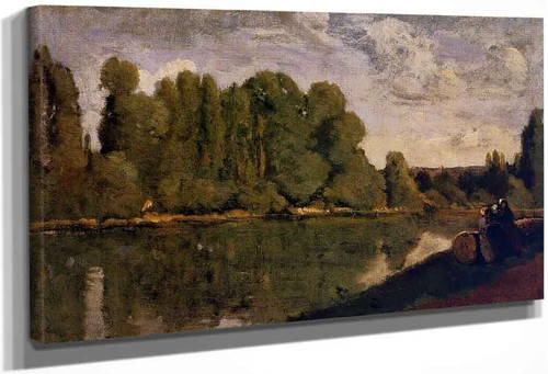 The Rhone Three Women On The Riverbank Seated On A Tree Trunk By Jean Baptiste Camille Corot