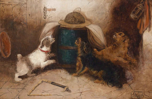 Three Dogs Barking At A Mouse By George Armfield
