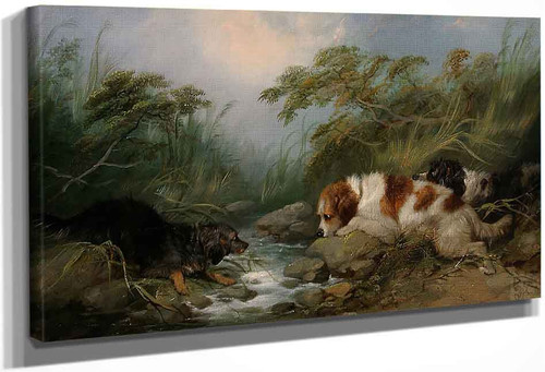 Three Dogs By A Brook By George Armfield