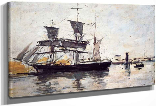 Three Masted Ship At Dock By Eugene Louis Boudin