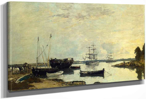 Three Masted Ship In The Harbor By Eugene Louis Boudin