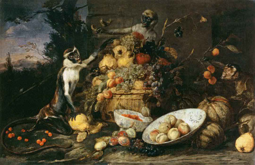 Three Monkeys Stealing Fruit By Frans Snyders