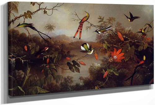 Tropical Landscape With Ten Hummingbirds By Martin Johnson Heade