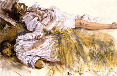 Two Dead Soldiers Laid Out On Straw By Adolph Von Menzel By Adolph Von Menzel