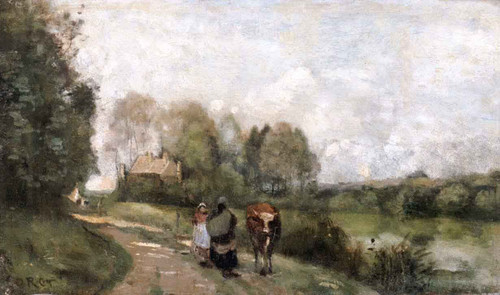 Une Route Au Bord De Leau Avec Deux Paysannes Causant Et Une Vache By Jean Baptiste Camille Corot