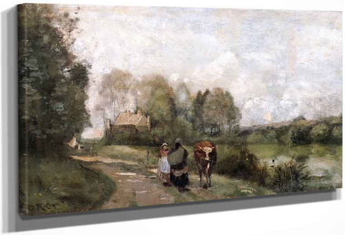 Une Route Au Bord De Leau Avec Deux Paysannes Causant Et Une Vache By Jean Baptiste Camille Corot