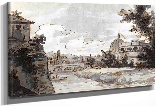 View Of Along The Tiber With Castel Sant'angelo By Jacques Louis David By Jacques Louis David