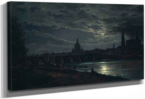 View Of Dresden At Full Moon By Johan Christian Dahl By Johan Christian Dahl