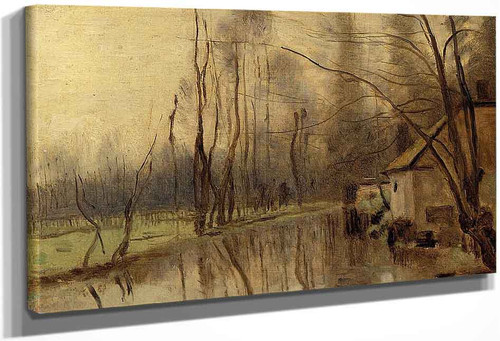 Voisinlieu, House By The Water By Jean Baptiste Camille Corot