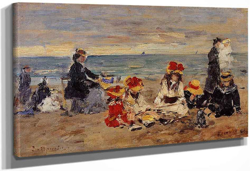 Woman And Children On The Beach At Trouville By Eugene Louis Boudin