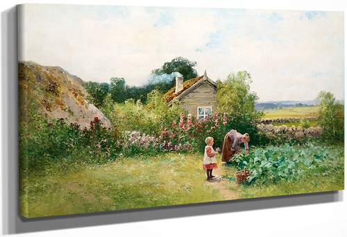 Woman With Child Outside The Cottage By Johan Krouthen