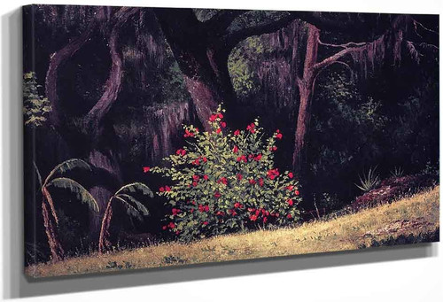 Woodland Scene With Red Flowered Bush By William Aiken Walker