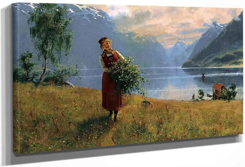 Young Girl With Birch Twigs In Front Of A Norwegian Fjord By Hans Dahl