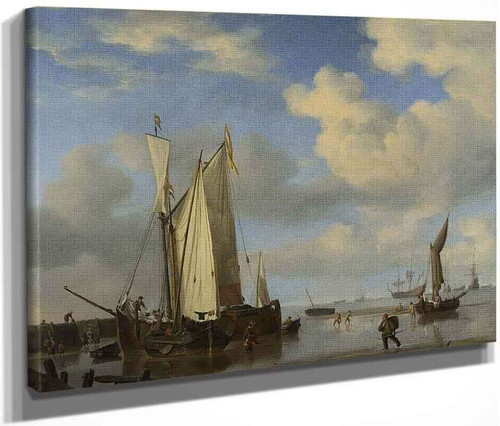 Dutch Vessels Close Inshore At Low Tide With Men Bathing By Willem Van De Velde The Younger