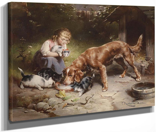 Girl With Dog And Cats By Carl Reichert