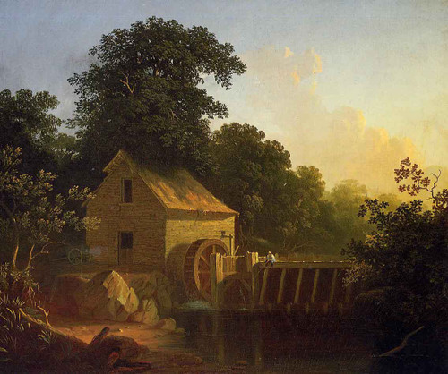 Landscape With Waterwheel And Boy Fishing By George Caleb Bingham By George Caleb Bingham