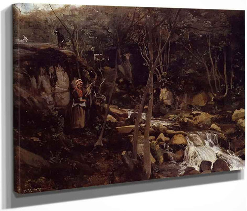 Lormes A Waterfall With A Standing Peasant, Spinning Wool By Jean Baptiste Camille Corot By Jean Baptiste Camille Corot