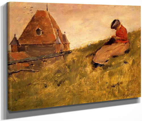 On The Cliff A Girl Sewing By Theodore Robinson