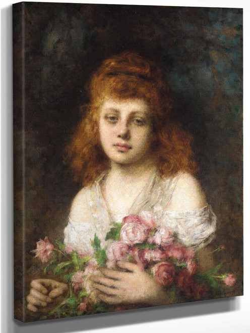 Auburn Haired Beauty With Bouquet Of Roses By Alexei Harlamoff