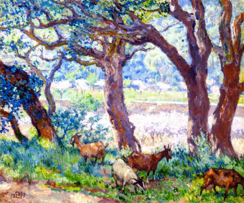 Peach Trees In Blossom, Cork Oaks And Goats By Theo Van Rysselberghe