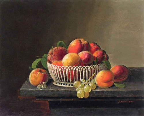 Peaches And Grapes In A Basket By Severin Roesen