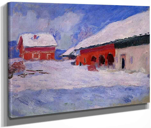 Red Houses At Bjornegaard In The Snow, Norway By Claude Oscar Monet