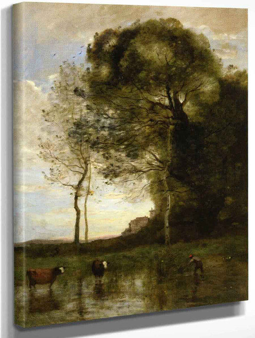 Banks Of A Pond With Two Cows, Italian Souvenir By Jean Baptiste Camille Corot