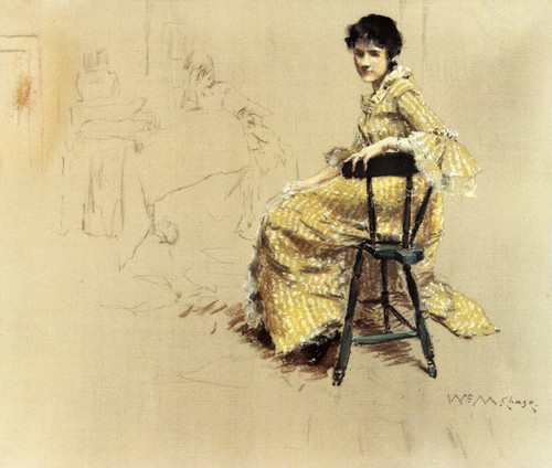 Seated Woman In Yellow Striped Gown By William Merritt Chase By William Merritt Chase