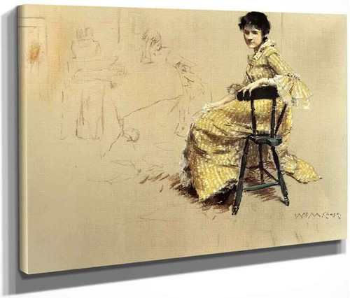 Seated Woman In Yellow Striped Gown By William Merritt Chase By William Merritt Chase