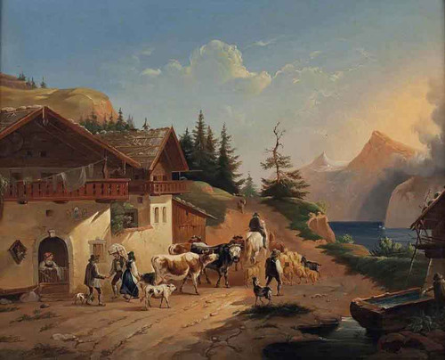 Shepherds With Cattle In Front Of Farmhouse By Friedrich Gauermann