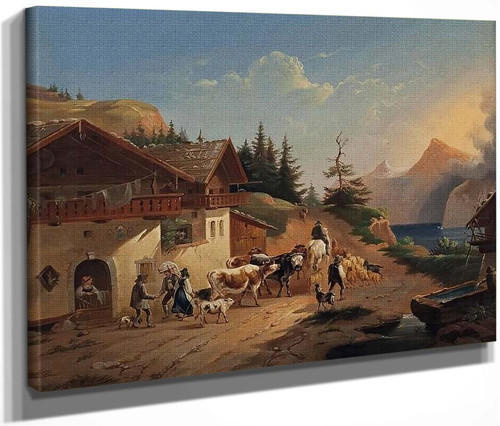 Shepherds With Cattle In Front Of Farmhouse By Friedrich Gauermann