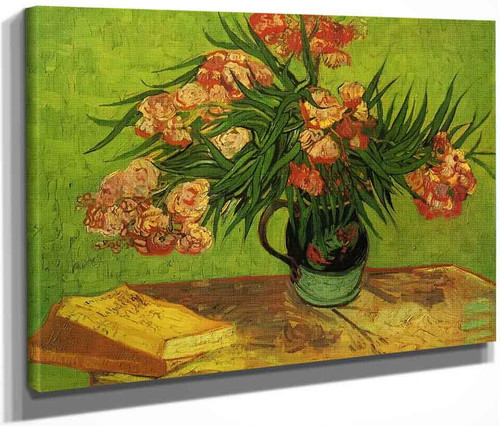 Still Life Vase With Oleanders And Books By Jose Maria Velasco