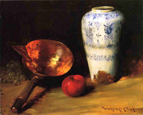 Still Life With China Vase, Copper Pot, An Apple And A Bunch Of Grapes By William Merritt Chase By William Merritt Chase